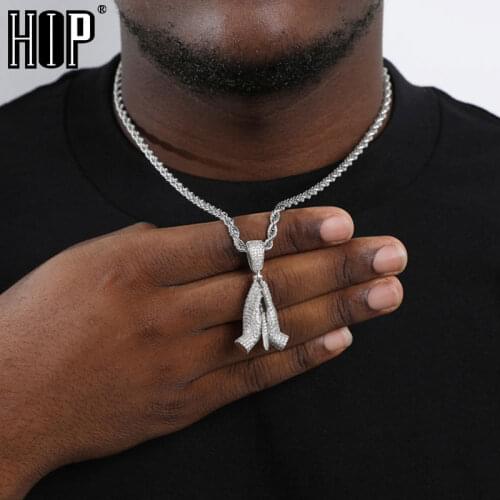 Hip Hop Bling Iced Out Praying Hands Cubic Zirconia Necklaces & Pendants For Men Jewelry With Tennis Chain