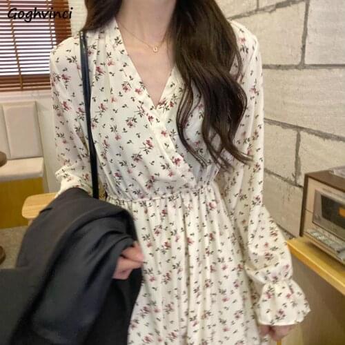 Women Dresses New Chic Elegant Sweet Korean Sexy Chiffon Soft Girls Office Womens Vintage High Waist Floral Daily Long Sleeve