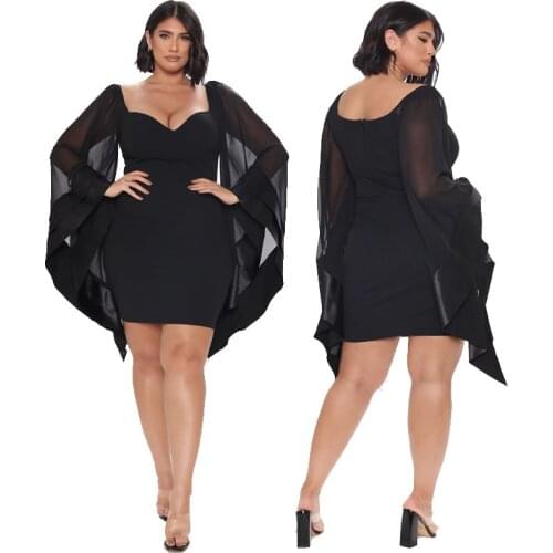 Dresses for Women Party Club Transparent Mesh Batwing Sleeves Mini Dress Bodycon Plus Size Black Dress Wholesale Dropshipping