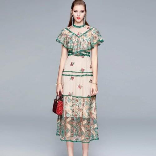 Runway Sweet Flower Mesh Embroidery Dress 2021 Summer Womens Fashion High Waist Slim Elegant Party Dress Robe Femme