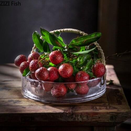 Transparent Glass Fruit Plate with Handles Home Kitchen Creative Tableware Fruit Basket Hotel Restaurant Ice Cream Dessert Plate