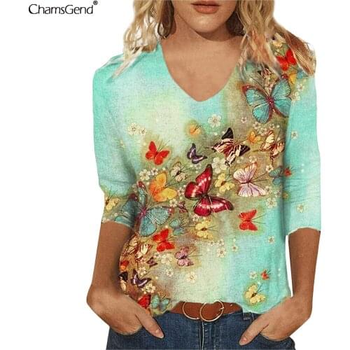 Oversized Womens Plus Size Butterfly Print T Shirt Loose V-Neck Long Sleeve Casual Loose Tee Top 2021 Autumn New Streetwear
