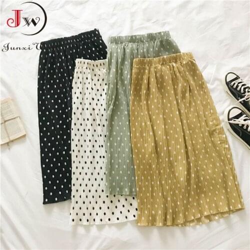 Women Yellow Polka Dot Pleated Skirt 2021 Summer Elastic Waist Elegant Office Ladies Mid Skirt Female Saia Faldas Female Bottom