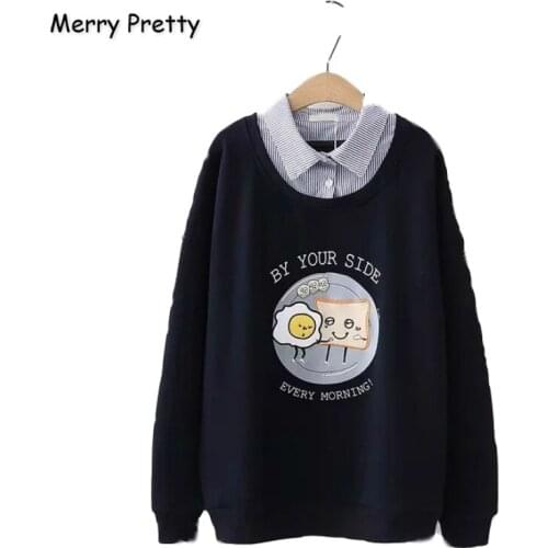 Merry Pretty Womens Cartoon Embroidery Patchwork Hoodies Sweatshirts 2020 Winter Long Sleeve Turndown Collar Hooded Tracksui