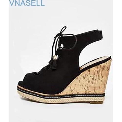 Vnasell Women Platforms Sandals Cross Lace-Up Flock Pumps Lady Peep Toe Cut-Outs Wedges Shoes Size 30 31 32 33 39