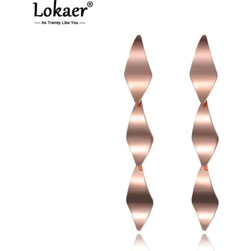 Lokaer New Arrive Rose Gold ColorLong geometric wavy Titanium Steel Womens Earrings Party Pendant Gift E17062