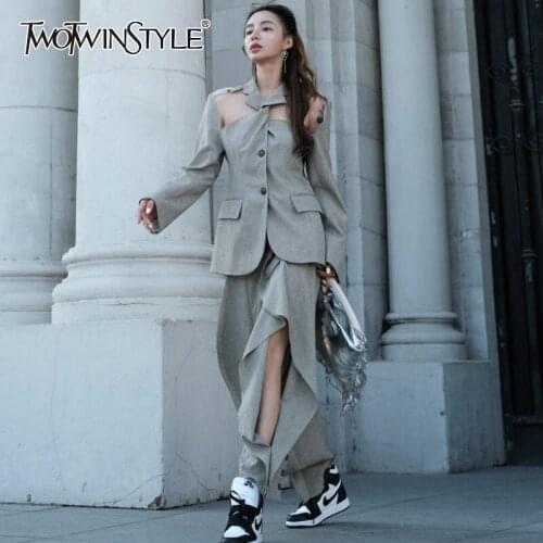 TWOTWINSTYLE Casual Two Piece Set Women Notched Cut Out Long Sleeve Coat High Waist Korean Fashion Pants Womens Suit 2021 Style