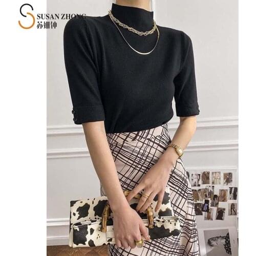 Women Sweater Knitted Tops Turtle Neck Pullovers 2021 Spring Summer Half Sleeve Button Elegant French Roman Thin Korean Fashion