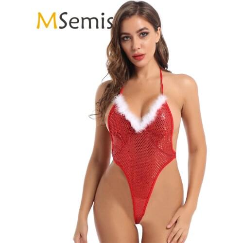 Red Womens One Piece Sequins Feather Trim Open Back Halter Neck Xmas Party Bodysuit Christmas Mrs Santa Lingerie Fancy Dress