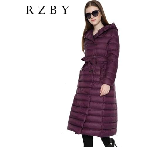 Female Down Jackes Long Winter Light Coats Double Button With Belt Overcoats Slim Comfort Casual Clothes Abrigo Mujer RZBY037