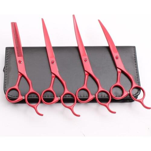 4Pcs Suit 7" 19.5cm JP Steel Customized Logo Red Pets Hair Grooming Shears Cutting+Thinning Scissors+UP&Down Curved Shears C3100