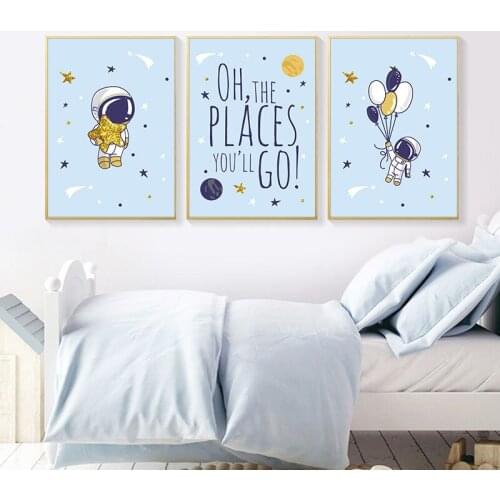 Astronaut SpaceShip Canvas Poster Nursery Quotes Wall Art Print Cartoon Painting Nordic Kids Decoration Pictures Baby Room Decor
