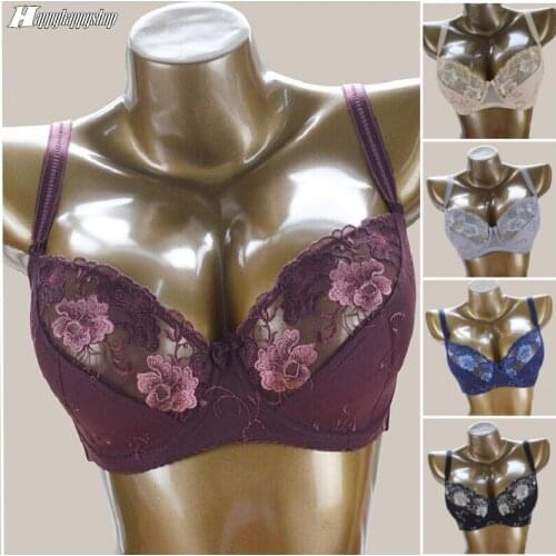 Womens Push Up Lace Embroidery Floral 3/4 Coverage Bra Plus Size Female Thin Cup Underwire Underwear Brassiere