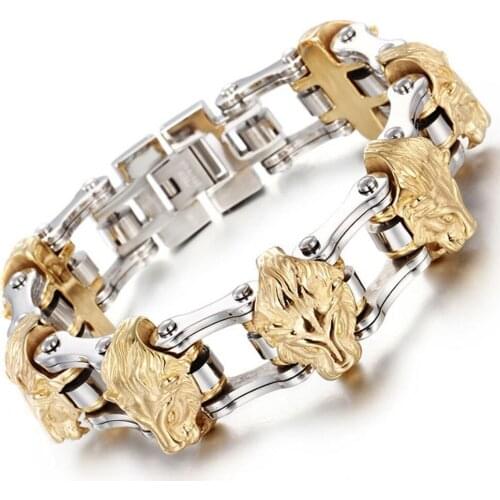 Gothic Stainless Steel Silver Color Motor Bicycle Chain Gold Lion Head Mens Biker Jewelry Bracelet Bangle Christmas Gift 8.26"