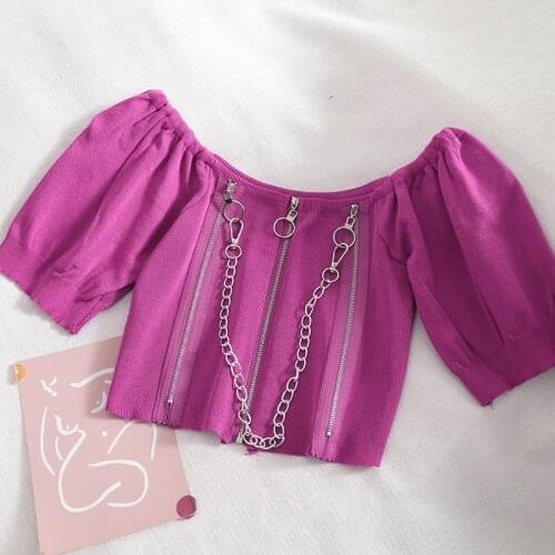 HISUMA Women Summer Puff Sleeve Slash Neck Alloy Chain Zipper Shirt Elegant Lady Short Elastic Slim Knitted Cardigan Blouse Tops