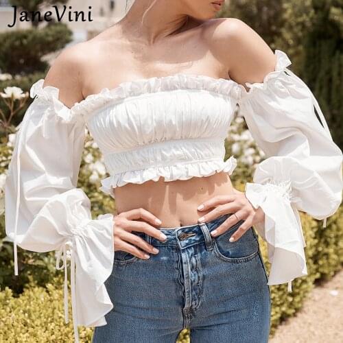 JaneVini 2021 New Romantic White Crop Tops Women Blouses Ruffles Long Sleeve Summer Off Shoulder Sexy Ladies Casual Solid Shirts