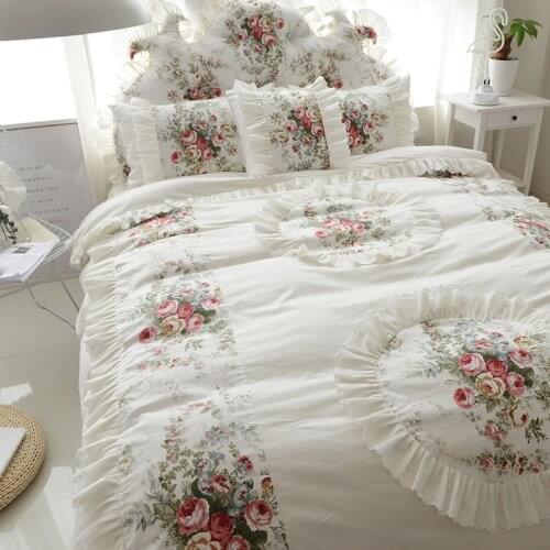 Beige Princess Bedding Sets King Queen Size 4/6/8pcs Wedding Bedspread Flower Print Duvet Cover Bed Skirt Pillowcases Cotton