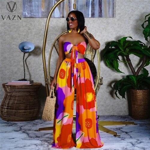VAZN 2021 Top Quality Summer Boho Beach Young Sexy Tracksuits Skinny Sleeveless Strap Long pants Women 2 Piece Set