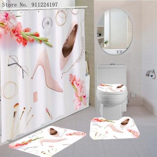 Fashion High Heels Printing 4pieces Waterproof Shower Curtain Bathroom Non-slip Rug Set Bath Carpets Toilet Seat Cover Floor Mat