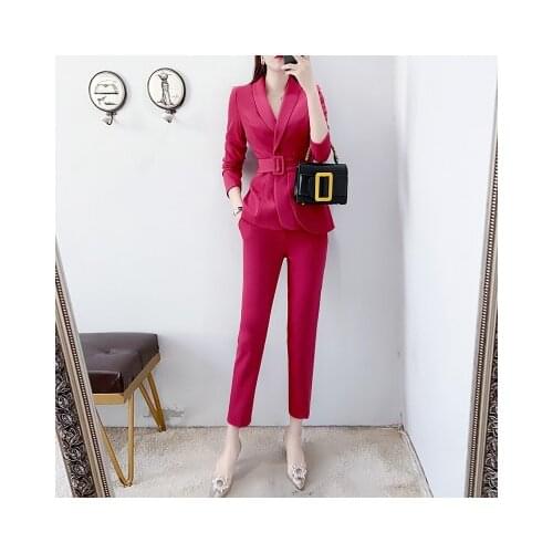 Fashion rose Red pant suit women autumn New High-end Workplace Queen Design Casual Business Blazers + pant two-piece Sets women