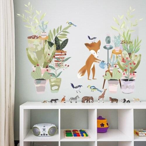 Potted Plants Wall Stickers Cartoon Fox Kids Room Home Decor Bedroom Living Room Corridor Porch Decor Art Wallpaper Removable
