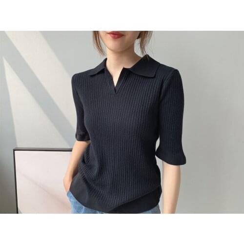 2019 Spring New Products POLO Lapel Slim Fit Temperament Sleeve Knit Tops Women 8-2062