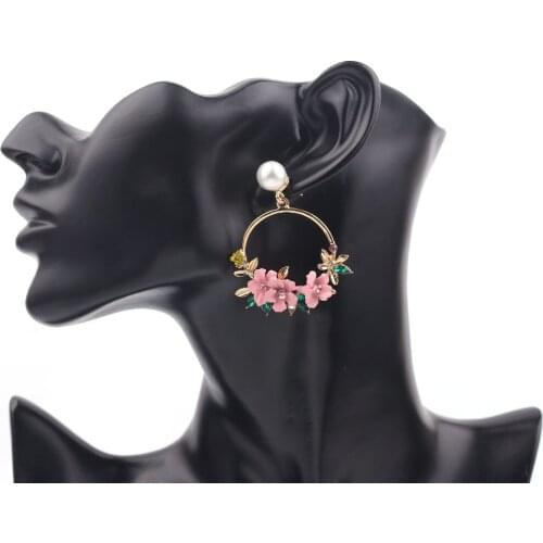 New Tide Gold Metal Round Circle Drop Earrings Cute Pink Flower Earrings for Women Girls Jewelry Female Rhinestone Gifts Brincos