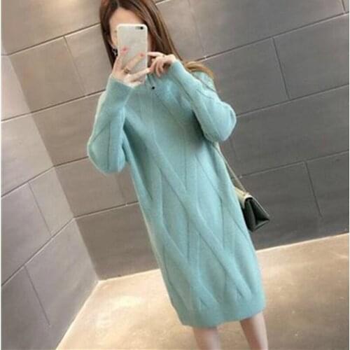 2021 Autumn Winter Womens Long Sleeve Sweater Pullovers Female Knitted Long Dress Ladies Solid Thicken Warm Clothes Female