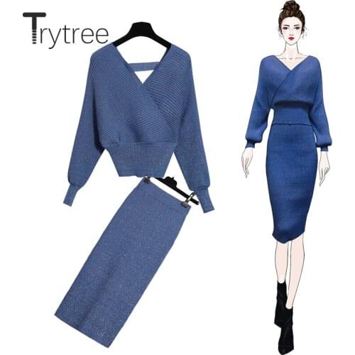 Trytree Autumn Winter Two piece set Casual V-neck Bat sleeve Loose Top + Skirt Knitting Solid 4 Colour Slim fit Set 2 Piece Set