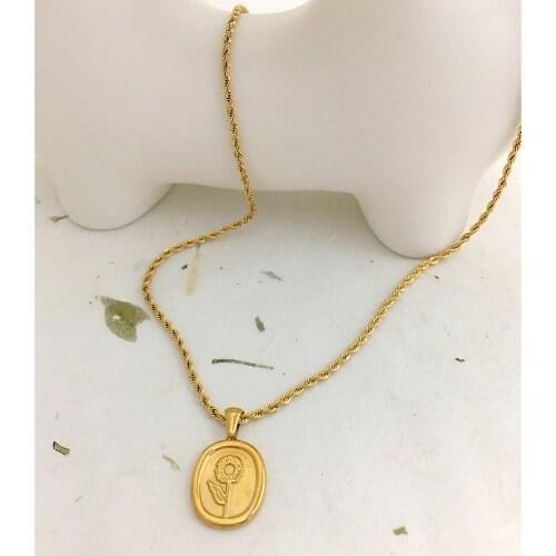 Monlansher Sunflower Geometric Oval Pendant Necklace Gold Color Titanium Steel Chain Necklaces French Vintage Necklaces Jewelry