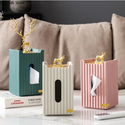 Resin Striped Rectangular Tissue Box European Style Golden Deer Vertical Storage Tissue Tube Modern Home Decoration Accessories