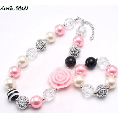 MHS.SUN Pink Flower Girls Chunky Beads Necklace Bracelets Fashion Child Kids Bubblegum Beaded Jewelry Set For Toddler Party Gift