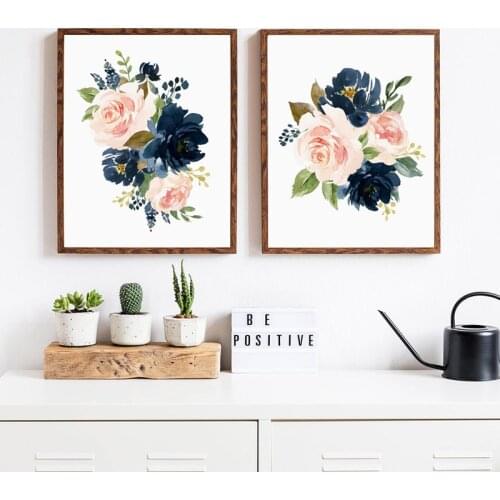 Navy Blush Pink Floral Watercolor Paintings Boho Girls Nursery Decor Plants Flowers Home Wall Art Canvas Print Botanical Poster
