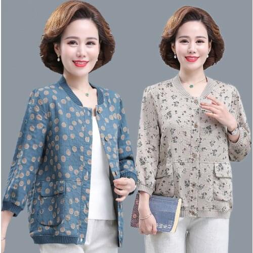 Retro Casual Mother Spring Autumn Jacket 2021 New Plus Size Womens Cotton And Linen Top Summer Printed Floral Shirt Coat zh1036