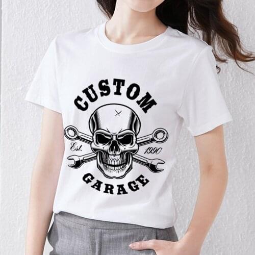 Womens White T-shirt Personality All-match Casual Fashion Devil Skull Print Shirt Street Round Neck Commuter Soft Short Sleeves