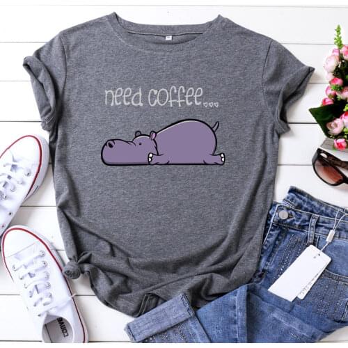 Fashion 100%Cotton Women T-Shirt Casual Loose O-Neck Short Sleeve Lazy Cartoon Need Coffee Summer Ladie Tees Top Kawaii Clothes