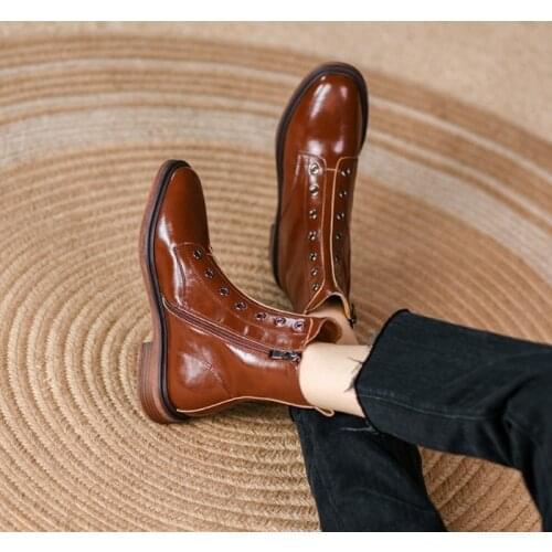 New Autumn Shoes Women Split Leather Boots Women 2021 Winter Women Shoes Round Toe Low Heel Modern Boots Solid Black Women Boots