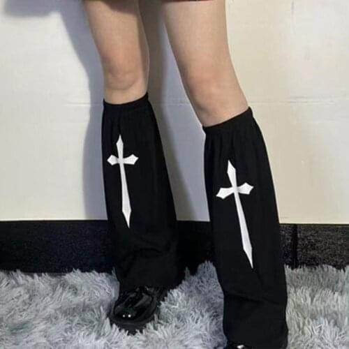 Women Girls Gothic Punk Calf-Length Socks Harajuku Hip Hop Black White Cross Sword Printed Lolita Leg Warmers Jy21 21 Dropship
