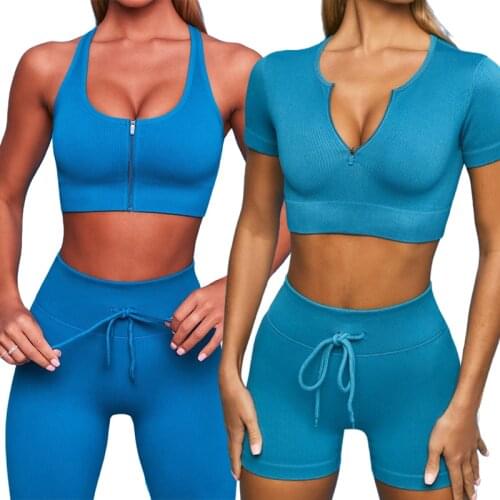 Sport Set Women Seamless Zippers 2pcs Two Piece Crop Shirt High Waisted Legging Yoga Suit Workout Outfit Run Fitness Gym Clothes
