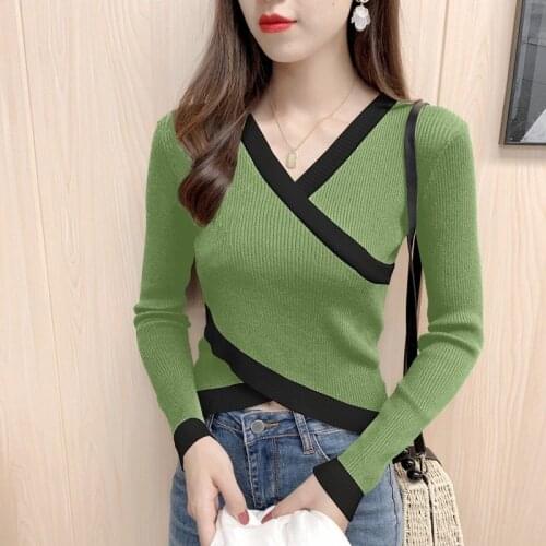 Womens Knitted Pullover Sexy Cross V-neck Irregular Long Sleeves Slim Sweater Wholesale Spring Autumn New Fashion Lady Clothing