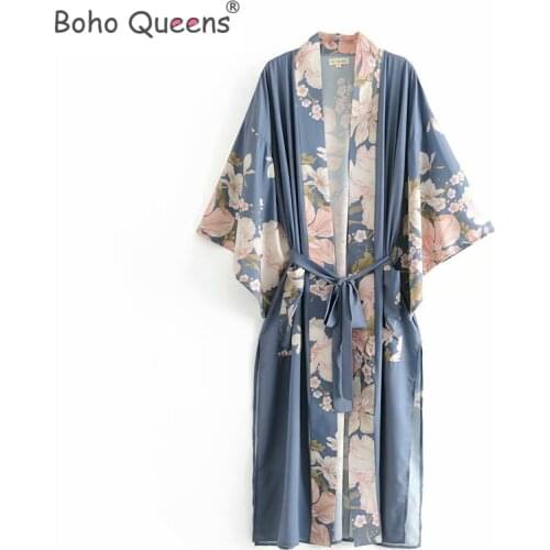 Boho Queens Women Floral Print Sashes bohemian robe Ladies V Neck batwing Sleeves happie Maxi Kimono