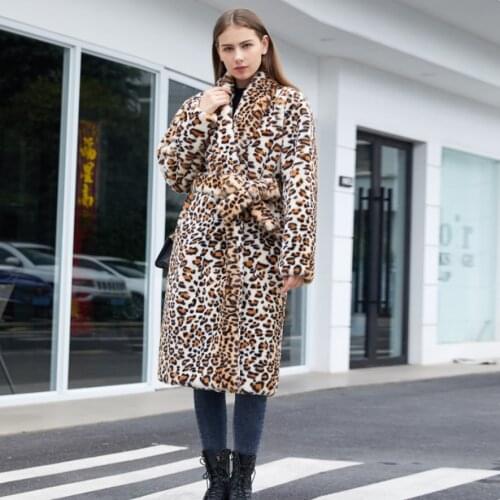 ZADORIN 2021 Winter Fur Coat Women Fuzzy Jacket Leopard Print Long Faux Rabbit Fur Coat With Belt Oversize Plush Ladies Coats