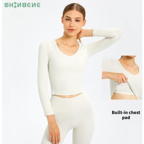 SHINBENE 2 In 1 Built In Bras Cropped Fitness Sport Shirts Women Slim Fit Naked Feel Gym Workout Long Sleeved Crop Tops XS-XL