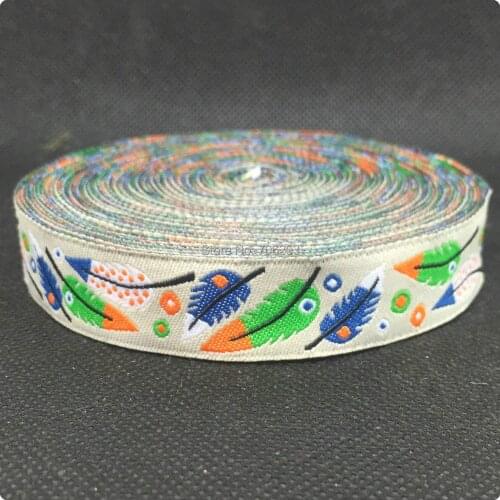 2014 NEW wholesale 5/8 '(16 mmx10yards) Polyester Woven Jacquard Ribbon with colorful feather