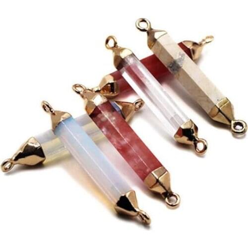 6pcs/lot Natural crystal bracelet Accessories Crystal raw Strawberry Quartz stone electroplated pendant hexagonal pillar pendant