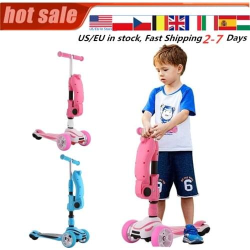 Height Kick Scooter With Folding Seat Flashing Wheels Kids Adjustable Wide Deck