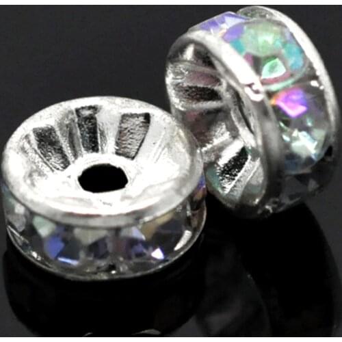 DoreenBeads Zinc Alloy Rondelle Spacer Beads Round Silver Plated AB Color Rhinestone DIY Making Earrings Jewelry About 8mm,10PCs