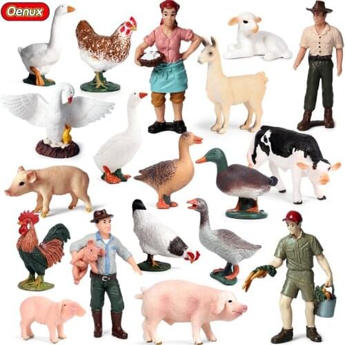 Oenux Simulation Poultry Farmer Action Figures PVC Toy Cow Sheep Chicken Duck Goose Pig Animal Model Figurines For Kid Xmas Gift
