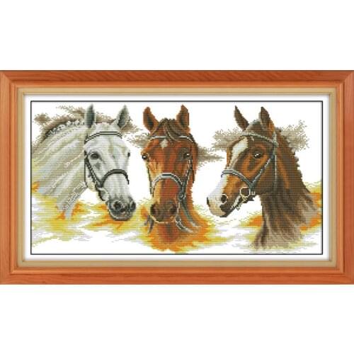 Joy Sunday Cross Stitch Three Horses 11&14CT DIY Cross Stitch Kits Embroidery Needlework Sets Home Decor Wall Floral Painting