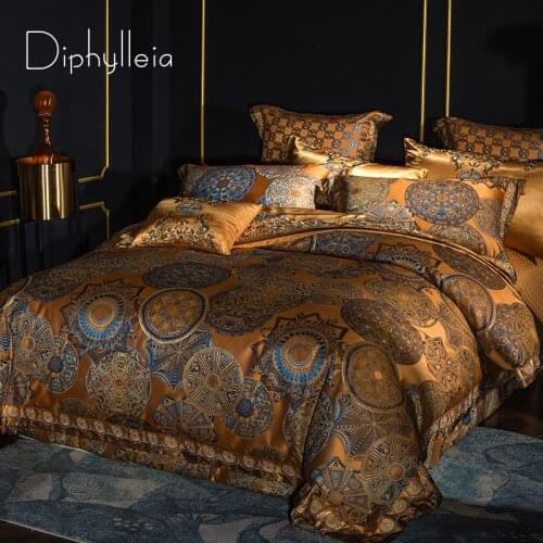 Diphylleia Baroque Style Bedding Set Luxurious Orange Silver Satin Cotton Jacquard Doona Duvet Cover Bed Sheet Bedspread 220x240